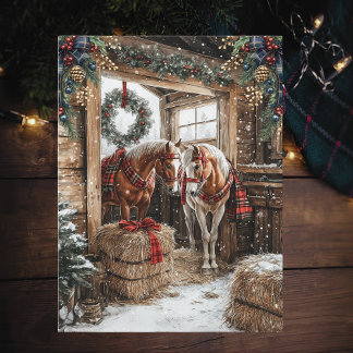 Horses Plaid Country Christmas Winter Barn Scene Holiday Postcard