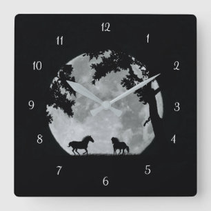 Horses Playing in the Moonlight Fantasy Square Wall Clock
