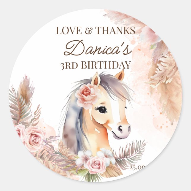 Horses pony themed birthday party favours thank yo classic round sticker (Front)