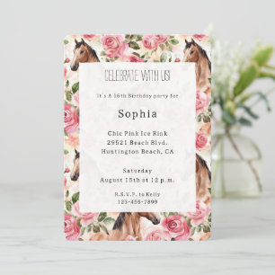 Horses Pretty Pink Roses Floral Birthday Invitation