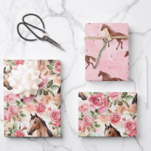 Horses Pretty Pink Roses Floral Birthday Wrapping Paper Sheet