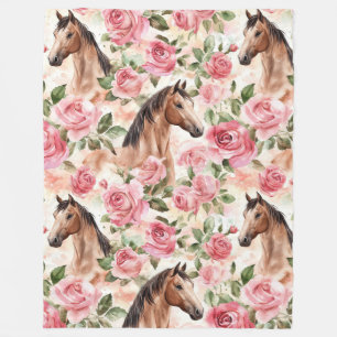Horses Pretty Pink Roses Floral Fleece Blanket
