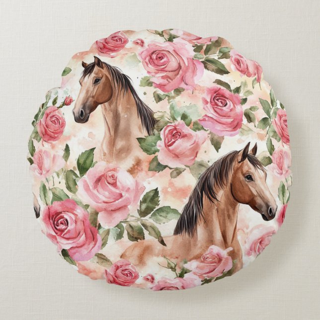 Horses Pretty Pink Roses Floral   Round Pillow (Front)