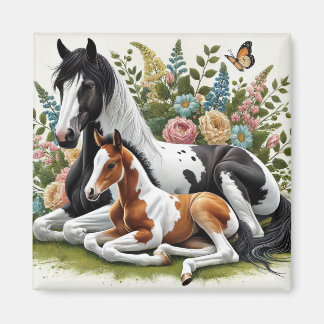 Horses Resting Among Vibrant Flowers and Greenery Magnet