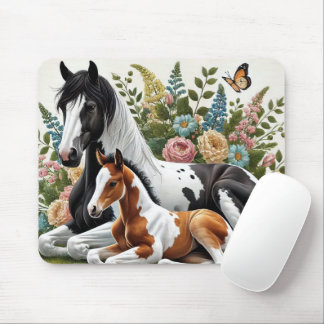 Horses Resting Among Vibrant Flowers and Greenery  Mouse Pad