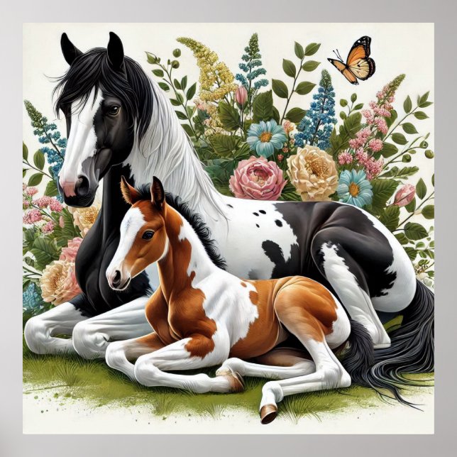 Horses Resting Among Vibrant Flowers and Greenery Poster (Front)
