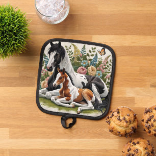 Horses Resting Among Vibrant Flowers and Greenery  Pot Holder