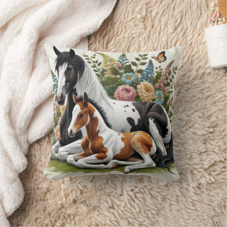 Horses Resting Among Vibrant Flowers and Greenery  Throw Pillow