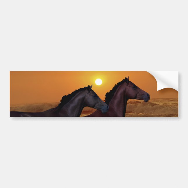 Horses running at ocean sunset bumper sticker (Front)