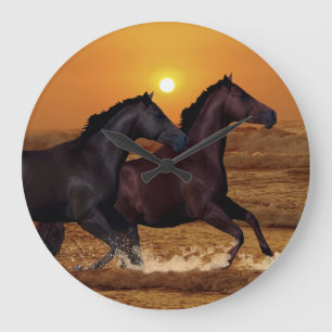 Horses running at ocean sunset large clock