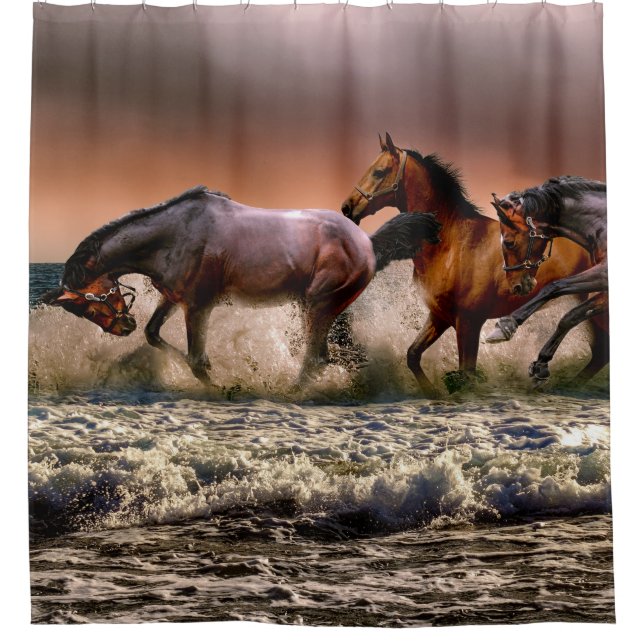 Horses Running in Ocean Surf at Sunset (Front)