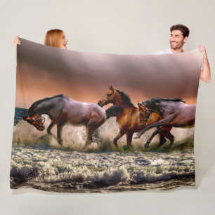 Horses Running in Ocean Surf at Sunset Fleece Blanket