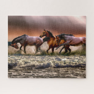 Horses Running in Ocean Surf at Sunset Jigsaw Puzzle