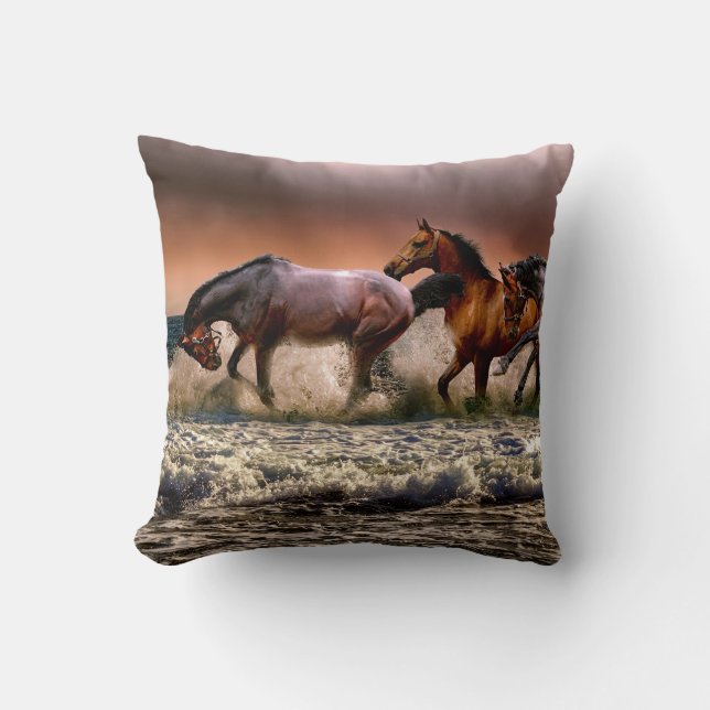 Horses Running in Ocean Surf at Sunset Throw Pillow (Front)