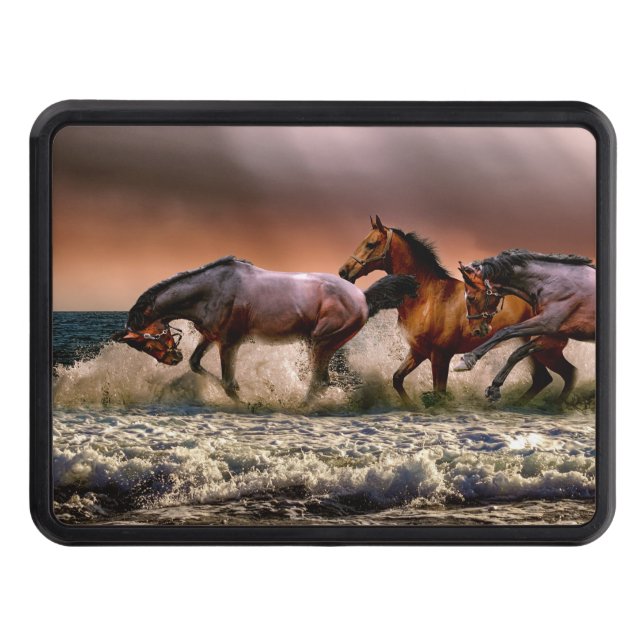 Horses Running in Ocean Surf at Sunset Trailer Hitch Cover (Front)