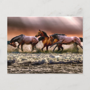 Horses Running in Ocean Waves Painting Postcard