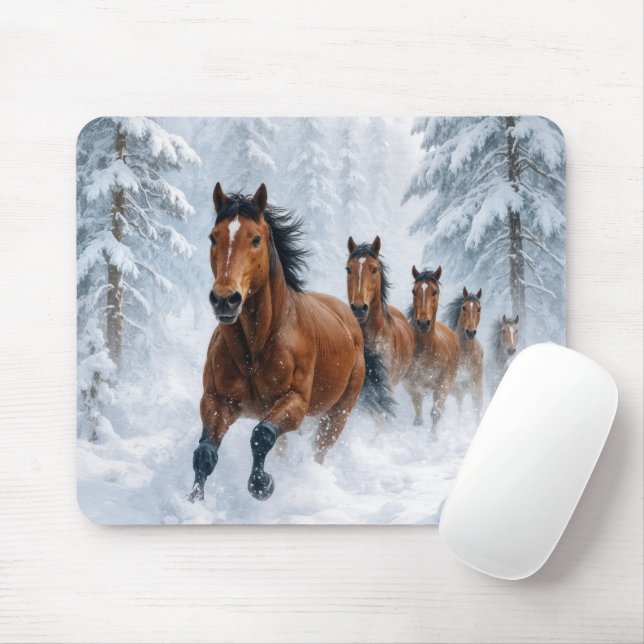 Horses Running Through a Snowy Forest Mouse Pad (With Mouse)