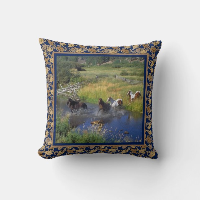 Horses Running Through Water And Western Trim Blue Throw Pillow (Front)
