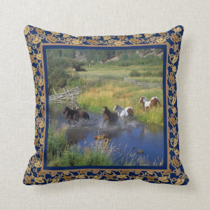 Horses Running Through Water And Western Trim Blue Throw Pillow
