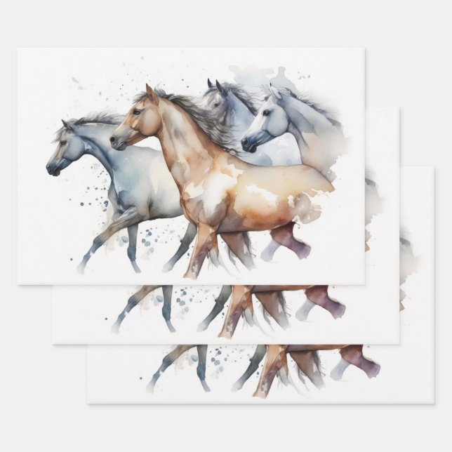 Horses Running Through Watercolor River Wrapping Paper Sheet (Set)