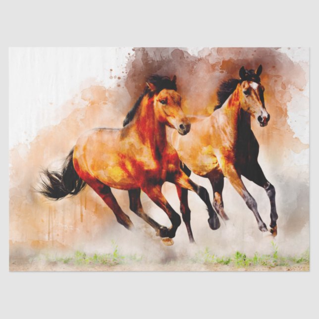 Horses Running Watercolor Decoupage Art  Tissue Paper (Front)