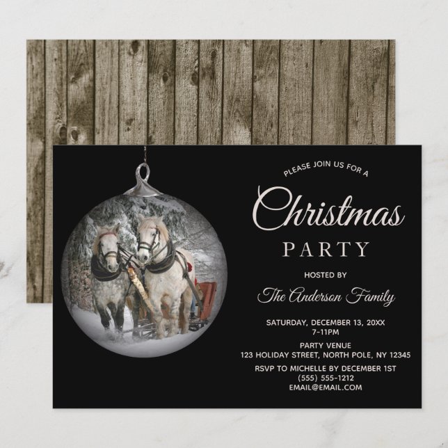 Horses & Rustic Wood Family Christmas Party Invitation (Front/Back)