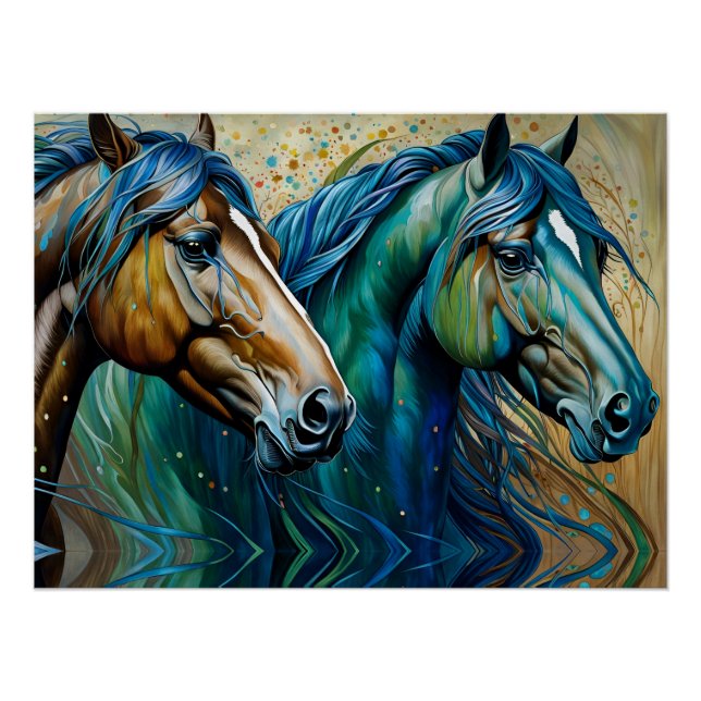 Horses Teal blue green brown Poster (Front)
