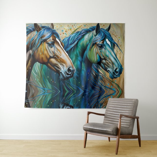 Horses Teal blue green brown Tapestry (In Situ (Horizontal))
