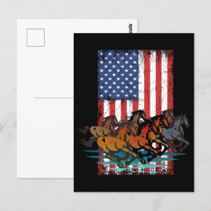 HORSES VINTAGE AMERICAN FLAG DISTRESSED  POSTCARD