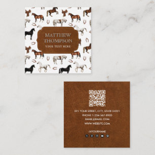 Horses Watercolor Horseshoe Horse Saddles QR Code Square Business Card