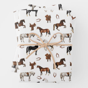 Horses Watercolor Horseshoe Horse Saddles Wrapping Paper Sheet