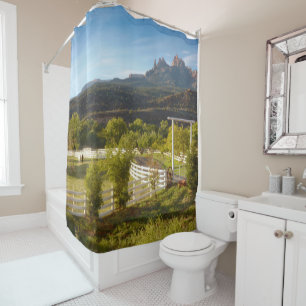 Horses, White Fence, Red Rocks Shower Curtain