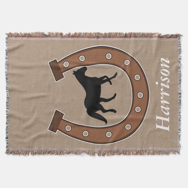 Horseshoe and Black Horse Monogram Throw Blanket (Front)