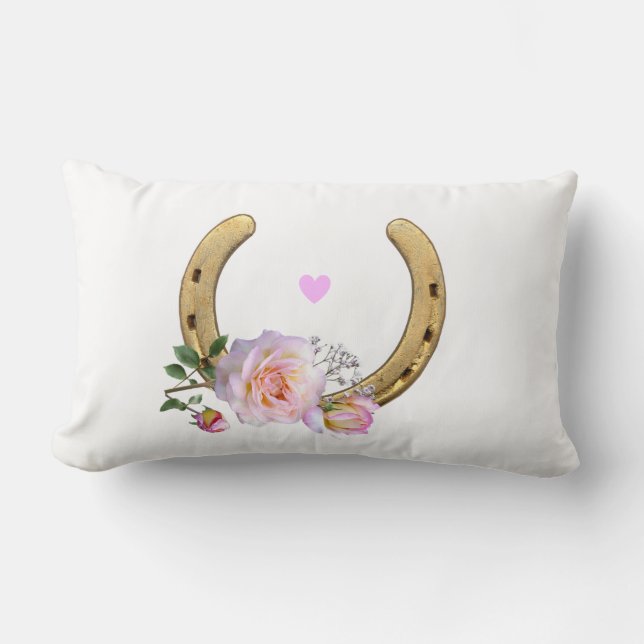 Horseshoe and flowers on white lumbar pillow (Front)