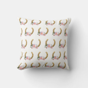 Horseshoe and flowers on white throw pillow