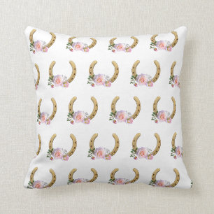 Horseshoe and flowers on white throw pillow