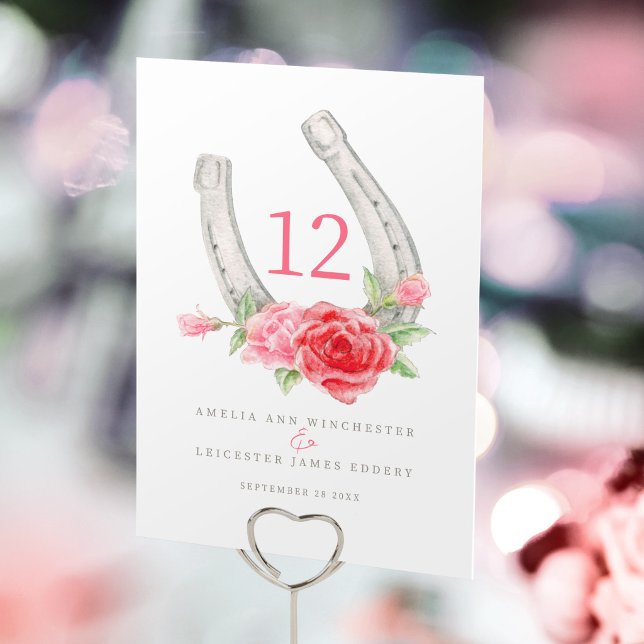 Horseshoe and pink red roses monogram  table number (Creator Uploaded)