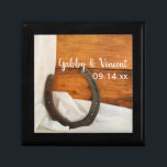 Horseshoe and Satin Country Western Barn Wedding Gift Box<br><div class="desc">Customize the casual yet classy Horseshoe and Satin Country Barn Wedding Gift Box with the personal names of the bride and groom and marriage ceremony date to create a keepsake gift for the bride or her bridesmaids and bridal party. This rustic chic custom equine theme nuptial trinket box features a...</div>