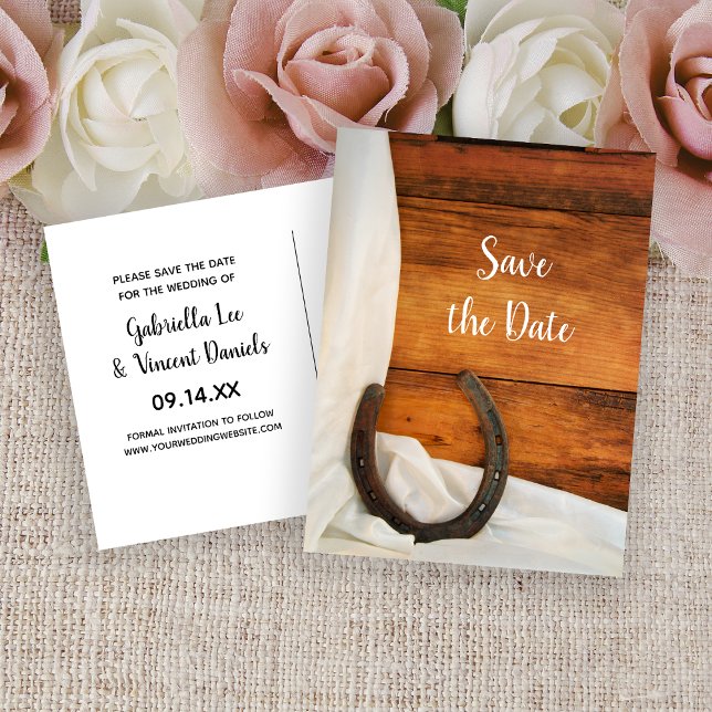 Horseshoe and Satin Western Wedding Save the Date Announcement Postcard (Creator Uploaded)