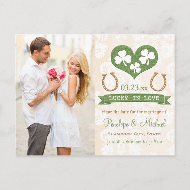 Horseshoe and Shamrock Save the Date Announcement Postcard (Front)