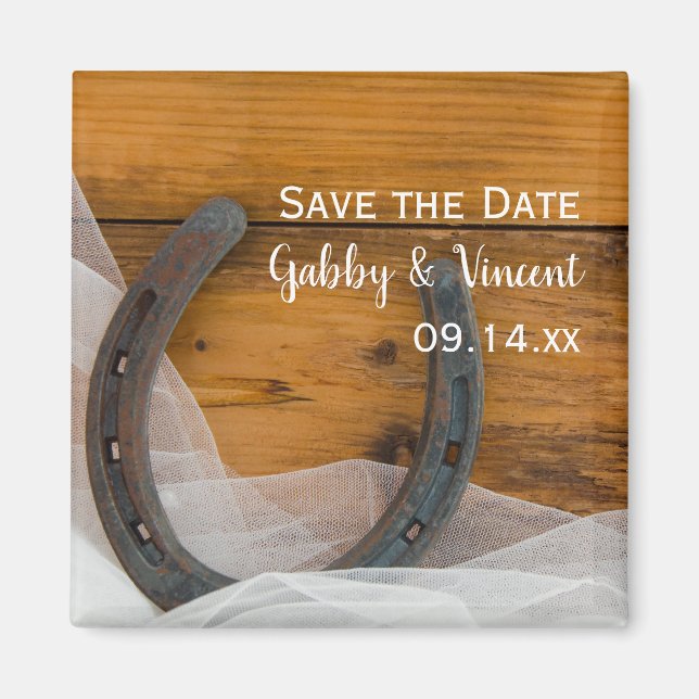 Horseshoe and Veil Country Wedding Save the Date Magnet (Front)