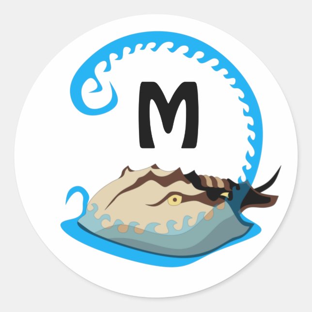 Horseshoe Crab Playing in the Water Monogram Classic Round Sticker (Front)