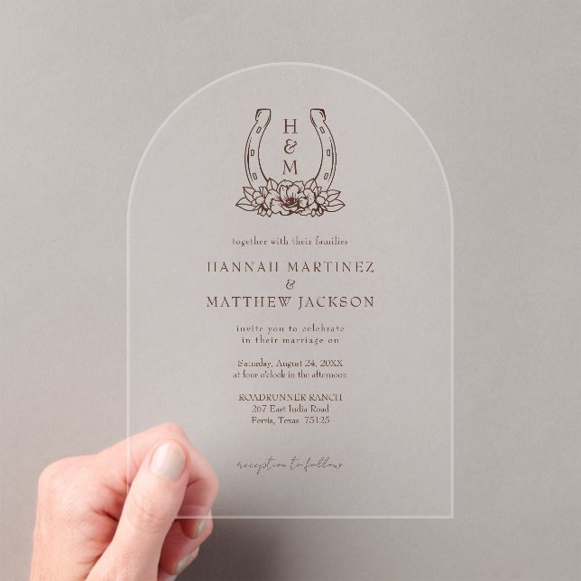 Horseshoe & Floral Crest Western Country Wedding Acrylic Invitations (Insitu (Handheld))