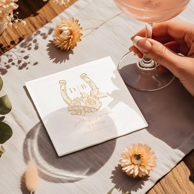 Horseshoe Floral Occidental Monogramme de mariage  (Western Floral Horseshoe Custom Wedding Monogram Foil Napkins)