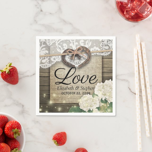 Horseshoe Heart Lace Hydrangea Wood Wedding Shower Napkin (Insitu)