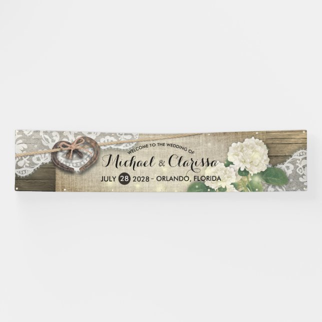 Horseshoe Hydrangea Country Rustic Wedding Welcome Banner (Horizontal)