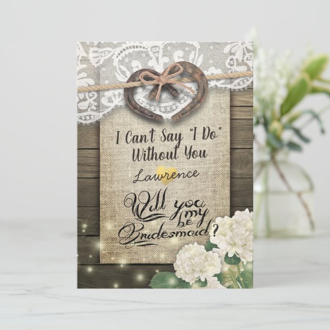 Horseshoe Hydrangea Wood Will You Be My Bridesmaid Invitation (Standing Front)