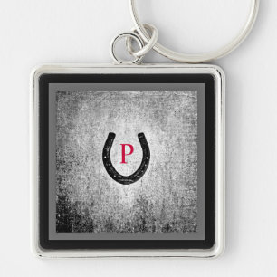 Horseshoe in Black and Grey Plaid Monogrammed Keychain