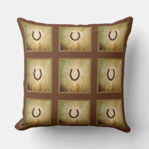 Horseshoe in Brown and Gold Plaid Outdoor Pillow