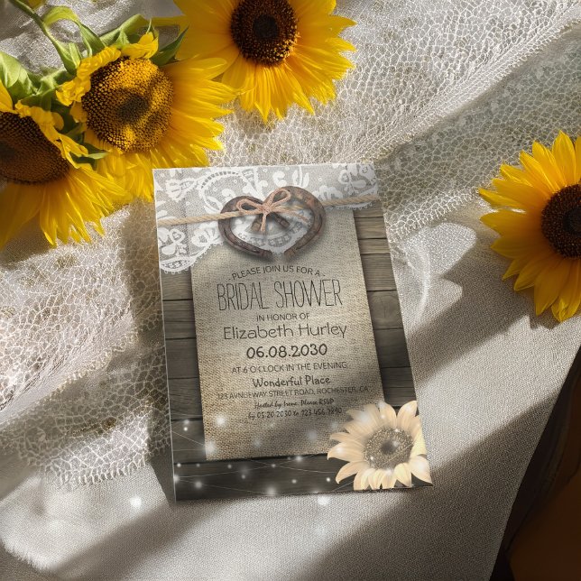 Horseshoe Lace Burlap Sunflower Wood Bridal Shower Invitation (Creator Uploaded)